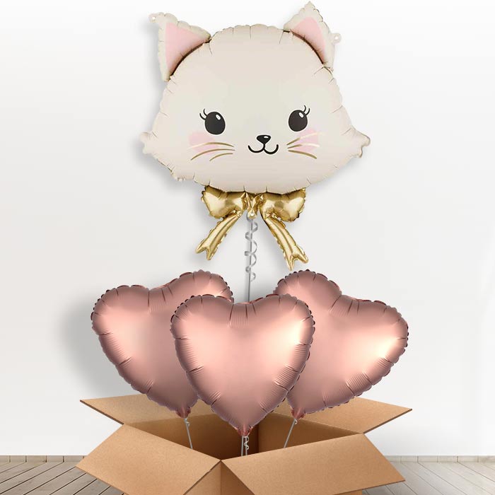White Cat with Bow Giant Helium Balloon in a Box-Giant Balloon + 3 Plain Balloons | Party Save Smile