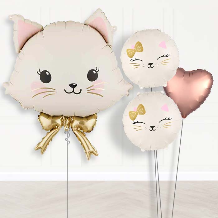 White Cat with Bow Balloon Bouquet Delivery-Giant Balloon + 2 Themed Balloons + 1 Plain Balloon | Party Save Smile