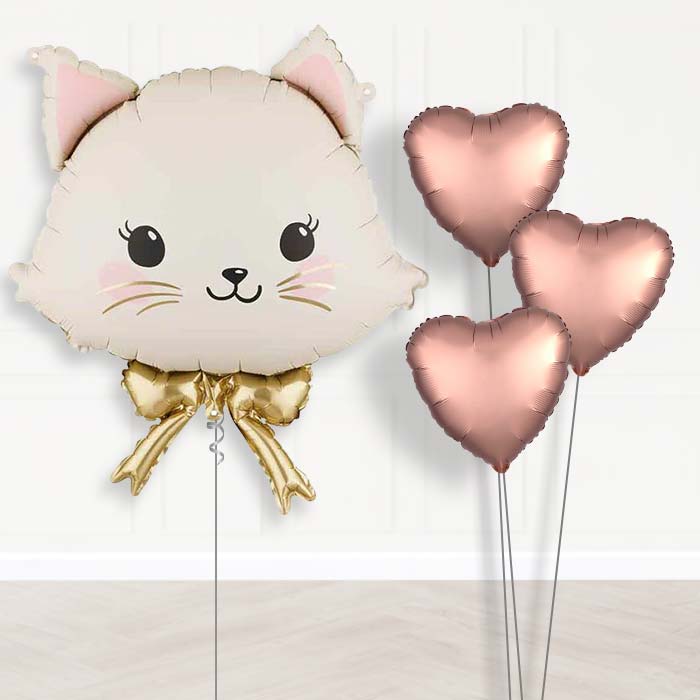 White Cat with Bow Balloon Bouquet Delivery-Giant Balloon + 3 Plain Balloons | Party Save Smile