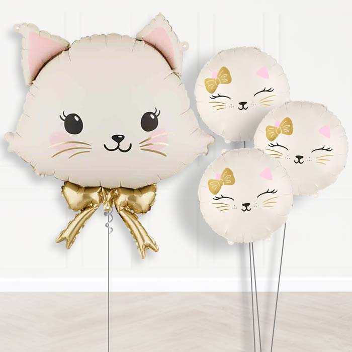 White Cat with Bow Balloon Bouquet Delivery-Giant Balloon + 3 Themed Balloons | Party Save Smile