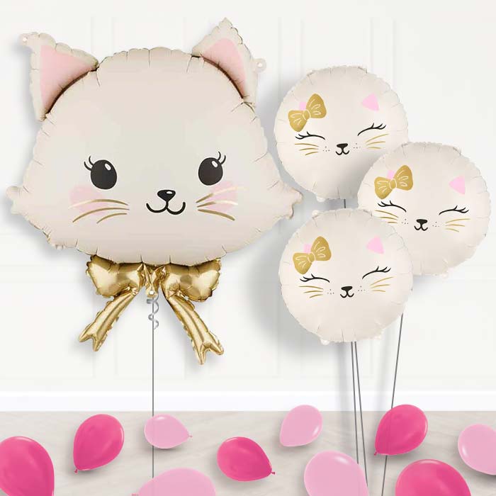 White Cat with Bow Balloon Bouquet Delivery-Giant Balloon + 3 Themed Balloons + Mini Balloons | Party Save Smile