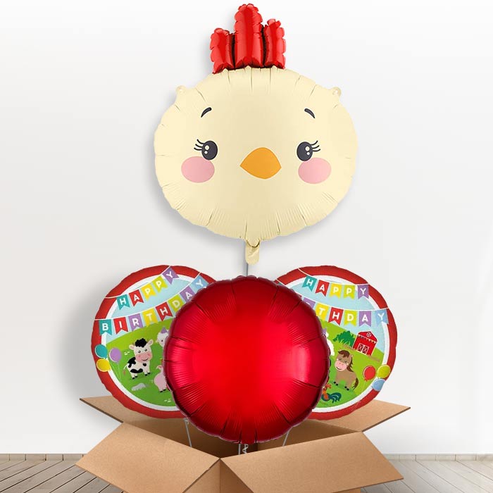 Chicken Head Giant Helium Balloon in a Box-Giant Balloon + 2 Themed Balloons + 1 Plain Balloon | Party Save Smile