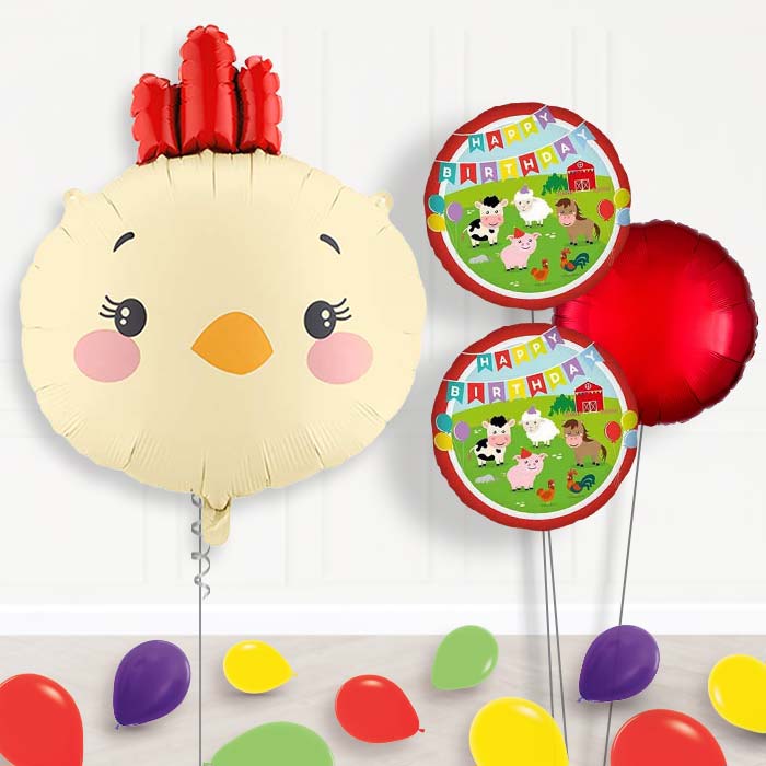 Chicken Head Balloon Bouquet Delivery-Giant Balloon + 2 Themed Balloons + 1 Plain Balloon + Mini Balloons | Party Save Smile