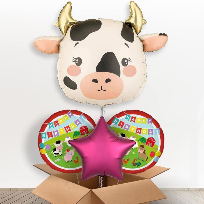 Holstein Cow Helium Balloon In a Box-1 x Giant Balloon and 2 Themed Balloons and 1 Plain Balloon 