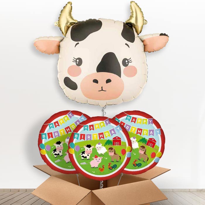 Holstein Cow Helium Balloon In a Box - With 3 Themed Balloons | Party Save Smile