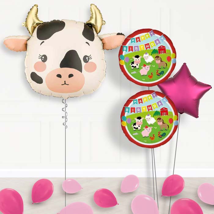 Cow Happy Birthday Helium Balloon Bouquet-Giant Balloon + 2 Themed Balloons + 1 Plain Balloon + Mini Balloons 