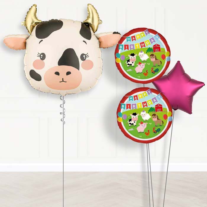 Cow Happy Birthday Helium Balloon Bouquet-Giant Balloon + 2 Themed Balloons + 1 Plain Balloon 