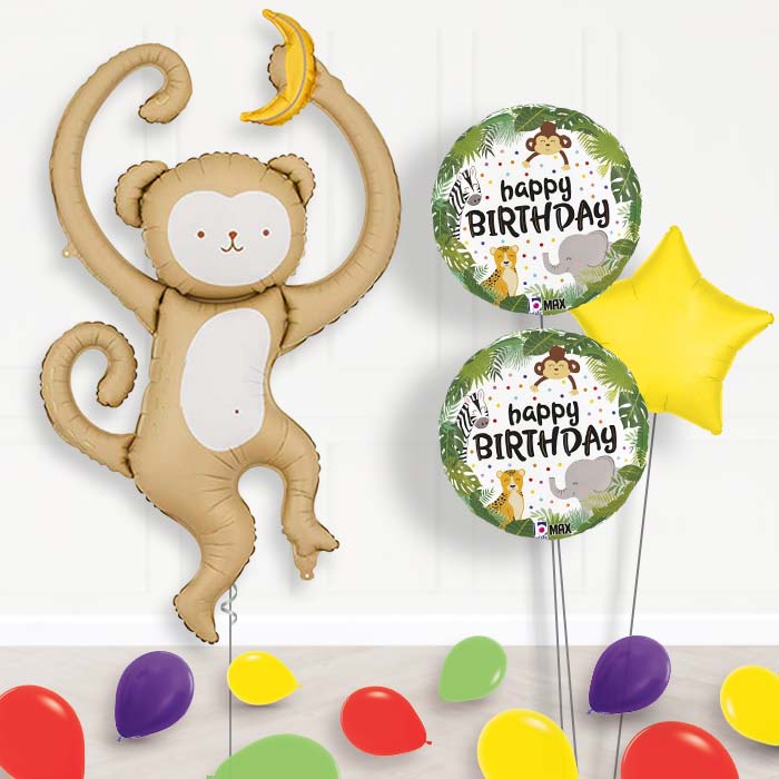 Monkey Balloon Bouquet Delivery-Giant Balloon + 2 Themed Balloons + 1 Plain Balloon + Mini Balloons | Party Save Smile
