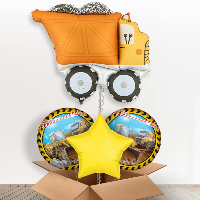 Dump Truck Helium Balloons in a Box-1 x Giant Balloon and 2 Themed Balloons and 1 Plain Balloon 