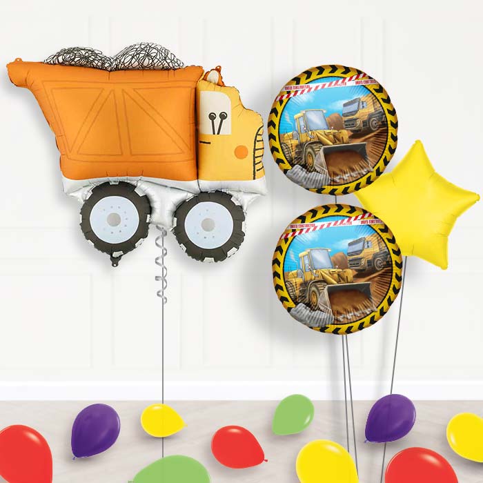 Construction Helium Birthday Balloon Bouquet Helium Balloon Bouquet-Giant Balloon + 2 Themed Balloons + 1 Plain Balloon + Mini Balloons 