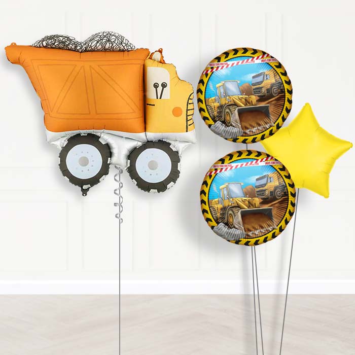 Construction Helium Birthday Balloon Bouquet Helium Balloon Bouquet-Giant Balloon + 2 Themed Balloons + 1 Plain Balloon 
