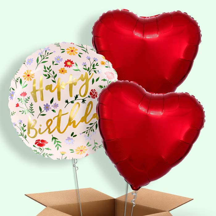 Floral Happy Birthday Helium Balloon in a Box - 3 Balloons | Party Save Smile