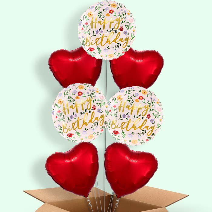 Floral Happy Birthday Helium Balloon in a Box - 7 Balloons | Party Save Smile