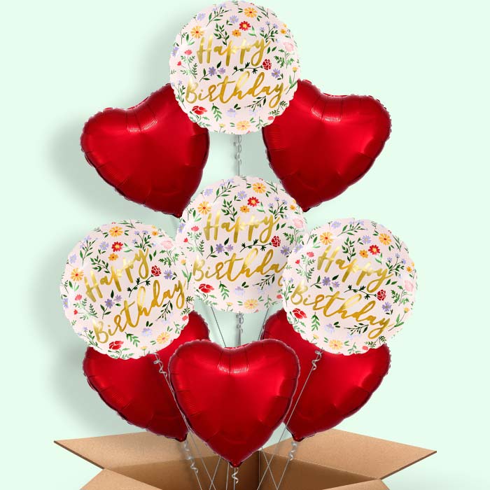 Floral Happy Birthday Helium Balloon in a Box - 9 Balloons | Party Save Smile