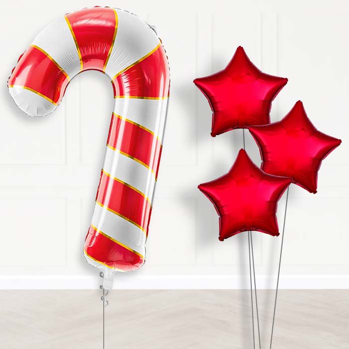 Red Candy Cane Balloon Bouquet Delivery-Giant Balloon + 3 Plain Balloons | Party Save Smile