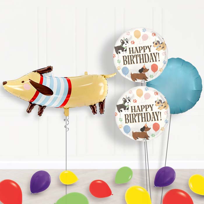 Dachshund Balloon Bouquet Delivery-Giant Balloon + 2 Themed Balloons + 1 Plain Balloon + Mini Balloons | Party Save Smile