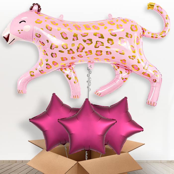 Pink Leopard Giant Helium Balloon in a Box-Giant Balloon + 3 Plain Balloons | Party Save Smile
