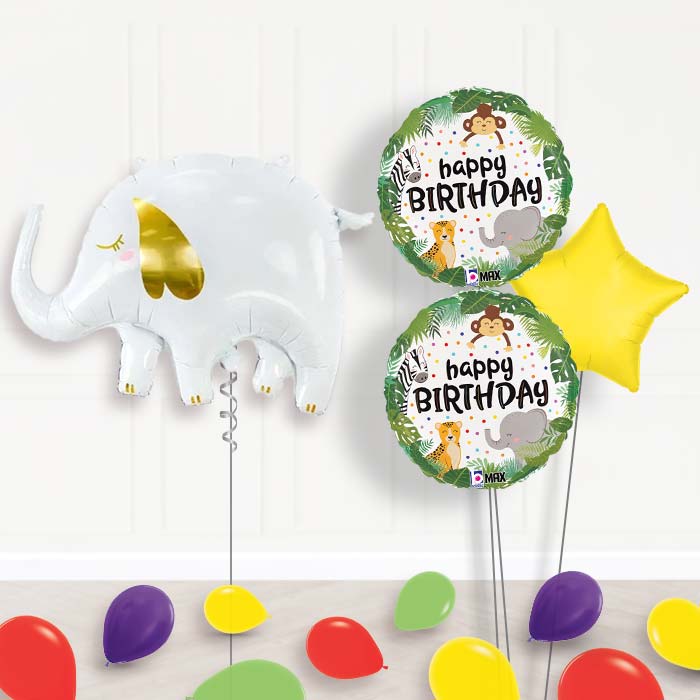 White Elephant Balloon Bouquet Delivery-Giant Balloon + 2 Themed Balloons + 1 Plain Balloon + Mini Balloons 