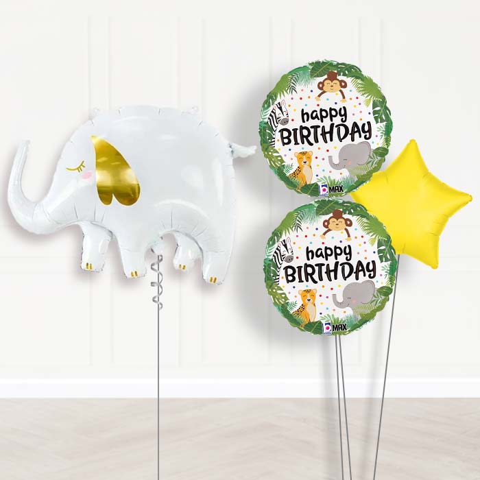 White Elephant Balloon Bouquet Delivery-Giant Balloon + 2 Themed Balloons + 1 Plain Balloon 