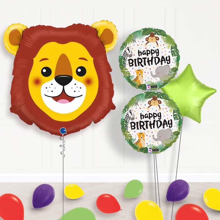 Lion Head Shaped Balloon Bouquet Delivery-Giant Balloon + 2 Themed Balloons + 1 Plain Balloon + Mini Balloons 