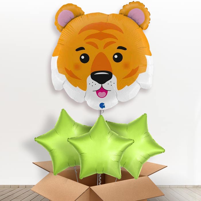 Tiger Head Shaped Helium Balloon in a Box - with 3 Plain Balloons | Party Save Smile