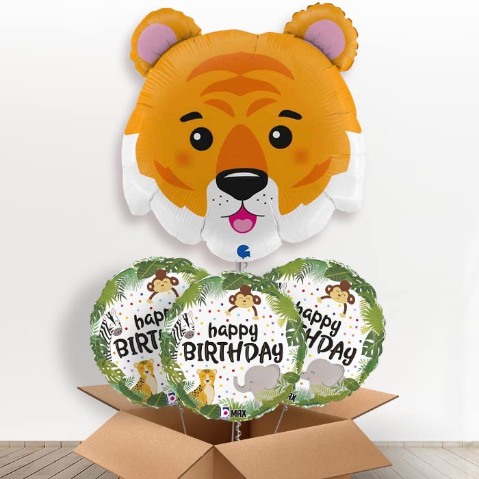 Tiger Head Shaped Helium Balloon in a Box - with 3 Themed Balloons | Party Save Smile