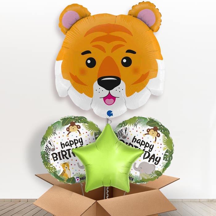 Tiger Head Shaped Helium Balloon in a Box-1 x Giant Balloon and 2 Themed Balloons and 1 Plain Balloon 