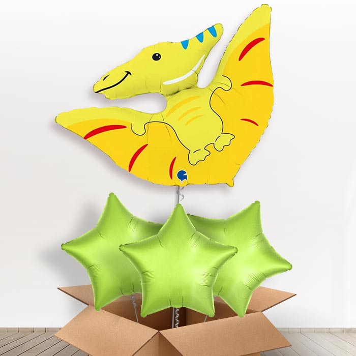 Yellow Shaped Pterodactyl Helium Balloon in a Box - with 3 Plain Balloons | Party Save Smile