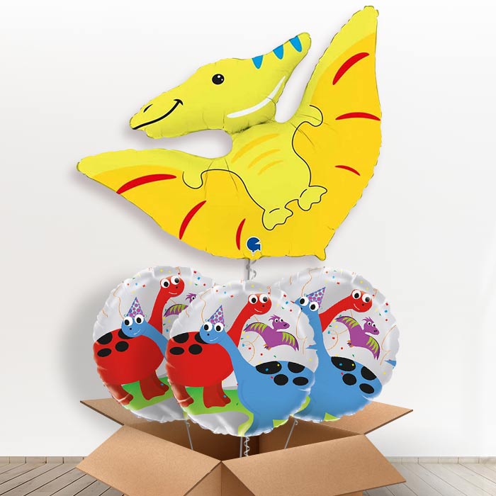 Yellow Shaped Pterodactyl Helium Balloon in a Box - with 3 Themed Balloons | Party Save Smile
