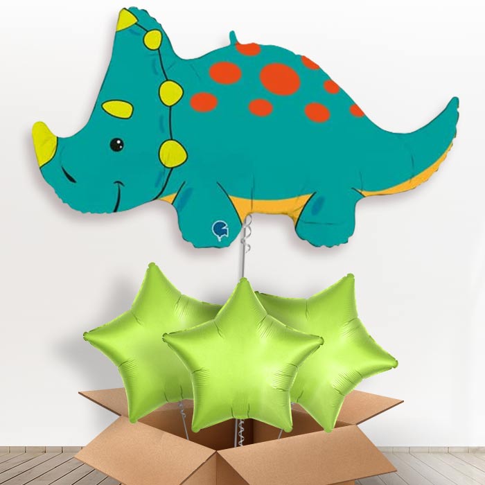 Green Triceratops Shaped Helium Balloon in a Box - with 3 Plain Balloons | Party Save Smile