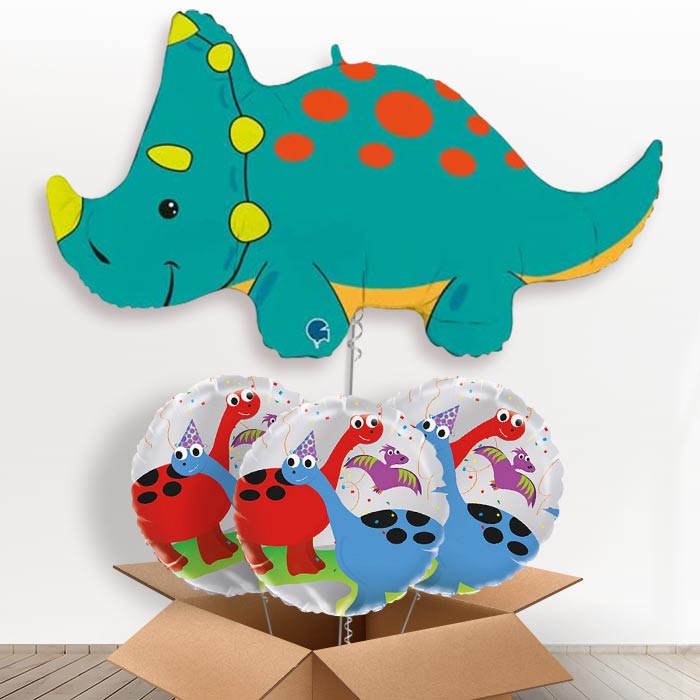 Green Triceratops Shaped Helium Balloon in a Box - with 3 Themed Balloons | Party Save Smile
