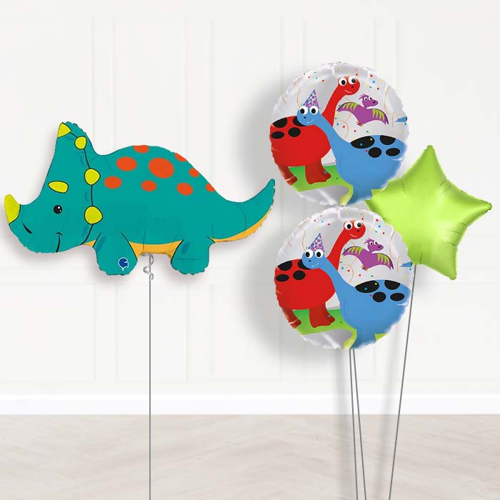 Green Triceratops Shaped Balloon Bouquet Delivery-Giant Balloon + 2 Themed Balloons + 1 Plain Balloon 