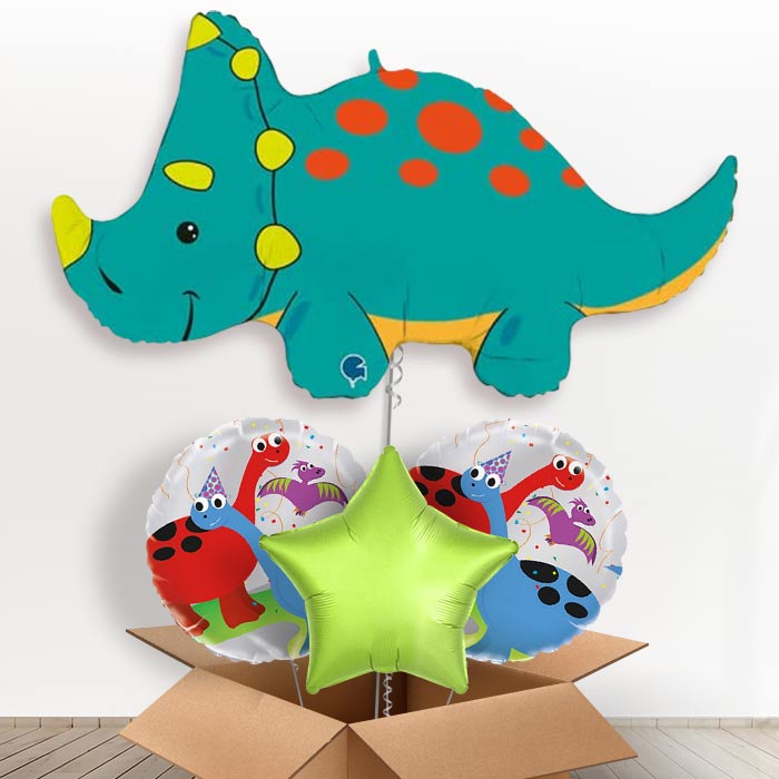 Green Triceratops Shaped Helium Balloon in a Box-1 x Giant Balloon and 2 Themed Balloons and 1 Plain Balloon 