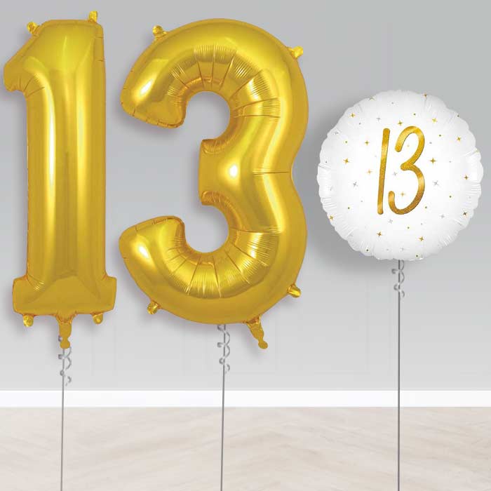 White and Gold 13th Birthday Helium Balloon Set | Party Save Smile
