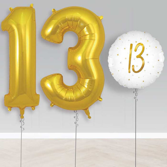 White and Gold 13th Birthday Helium Balloon Set | Party Save Smile