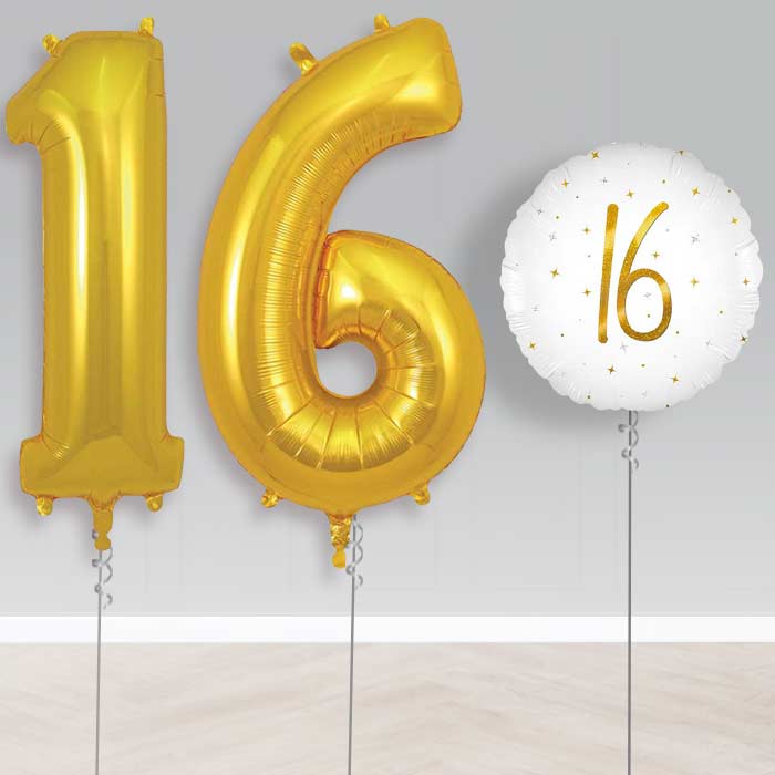 White and Gold 16th Birthday Helium Balloon Set | Party Save Smile