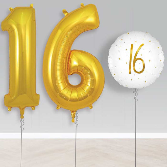 White and Gold 16th Birthday Helium Balloon Set | Party Save Smile