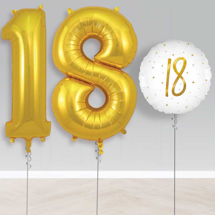 White and Gold 18th Birthday Helium Balloon Set | Party Save Smile