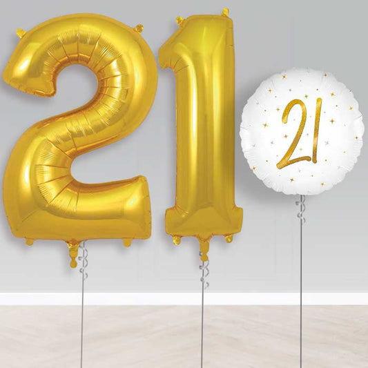 White and Gold 21st Birthday Helium Balloon Set | Party Save Smile