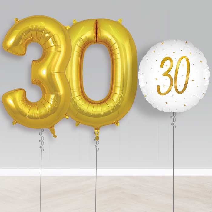 White and Gold 30th Birthday Helium Balloon Set | Party Save Smile