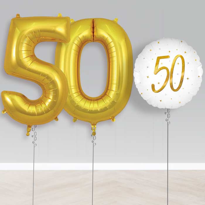 White and Gold 50th Birthday Helium Balloon Set | Party Save Smile