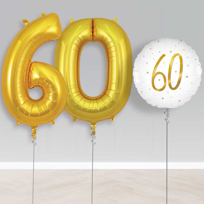 White and Gold 60th Birthday Helium Balloon Set | Party Save Smile