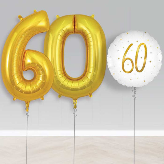 White and Gold 60th Birthday Helium Balloon Set | Party Save Smile