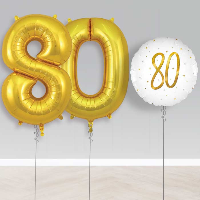 White and Gold 80th Birthday Helium Balloon Set | Party Save Smile