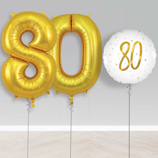 White and Gold 80th Birthday Helium Balloon Set | Party Save Smile