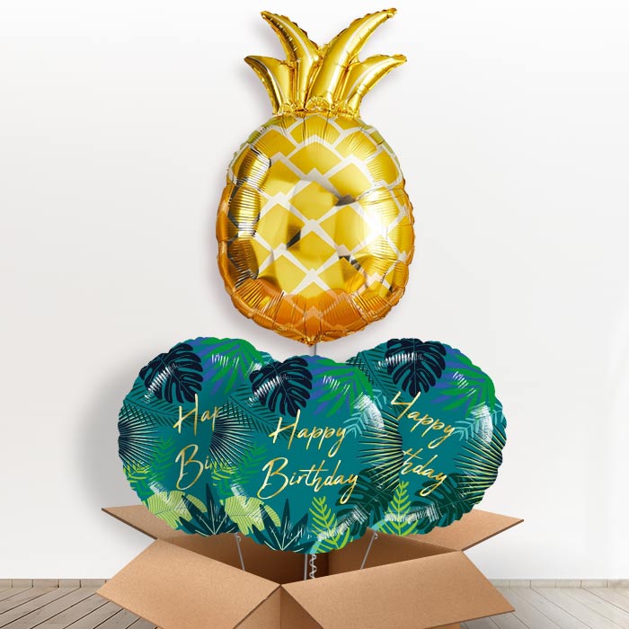 Giant Pineapple Shaped Helium Balloon in a Box - With 3 Themed Balloons | Party Save Smile