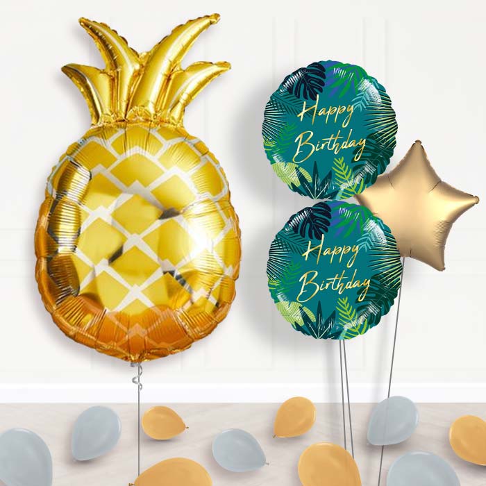 Giant Pineapple Shaped Balloon Bouquet Delivery-Giant Balloon + 2 Themed Balloons + 1 Plain Balloon + Mini Balloons 