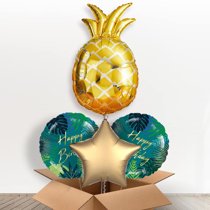 Giant Pineapple Shaped Helium Balloon in a Box-1 x Giant Balloon and 2 Themed Balloons and 1 Plain Balloon 
