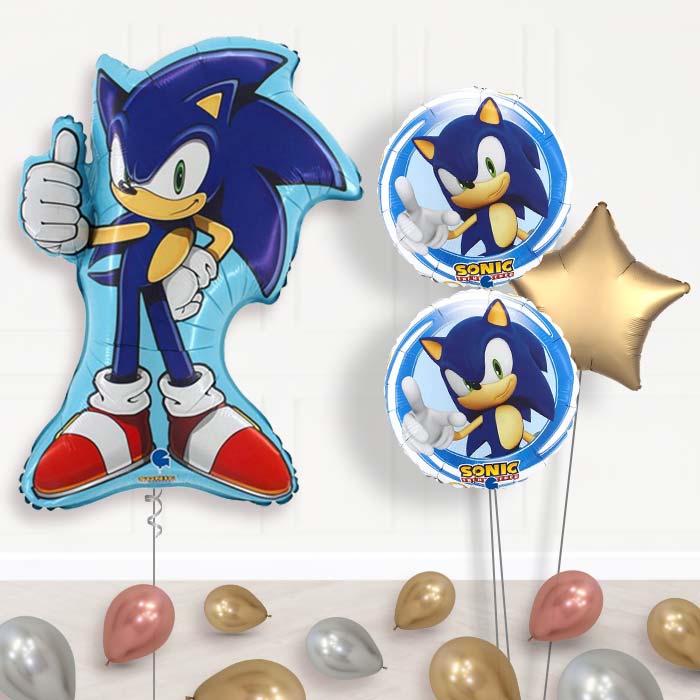Shaped Sonic the Hedgehog Balloon Bouquet Delivery-Giant Balloon + 2 Themed Balloons + 1 Plain Balloon + Mini Balloons 