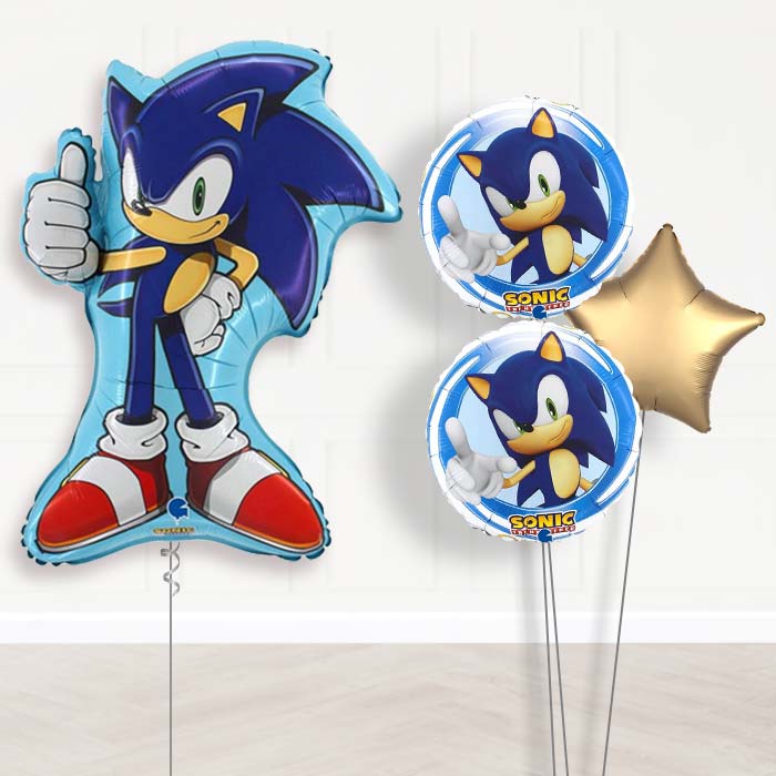 Shaped Sonic the Hedgehog Balloon Bouquet Delivery-Giant Balloon + 2 Themed Balloons + 1 Plain Balloon 